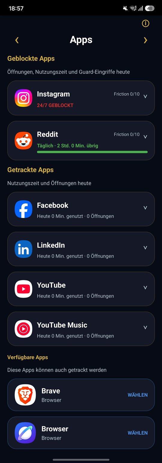 Guard App-Übersicht mit geblockten und getrackten Apps