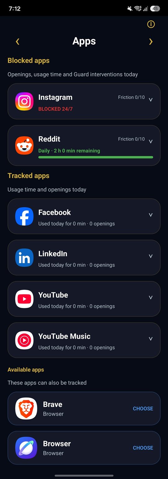 Guard app overview with blocked and tracked apps