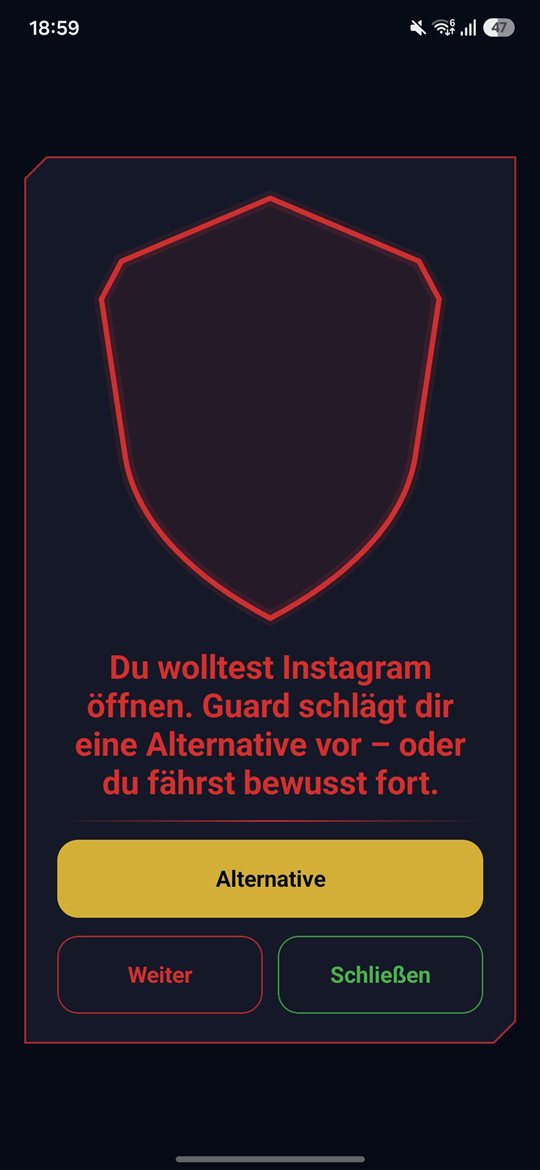 Guard Blockscreen mit Alternative- und Schliessen-Option