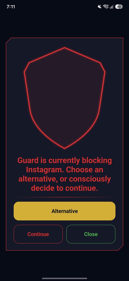 Guard block screen with Alternative and Close options