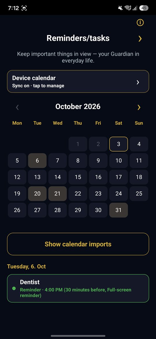 Guard calendar with reminders and appointments